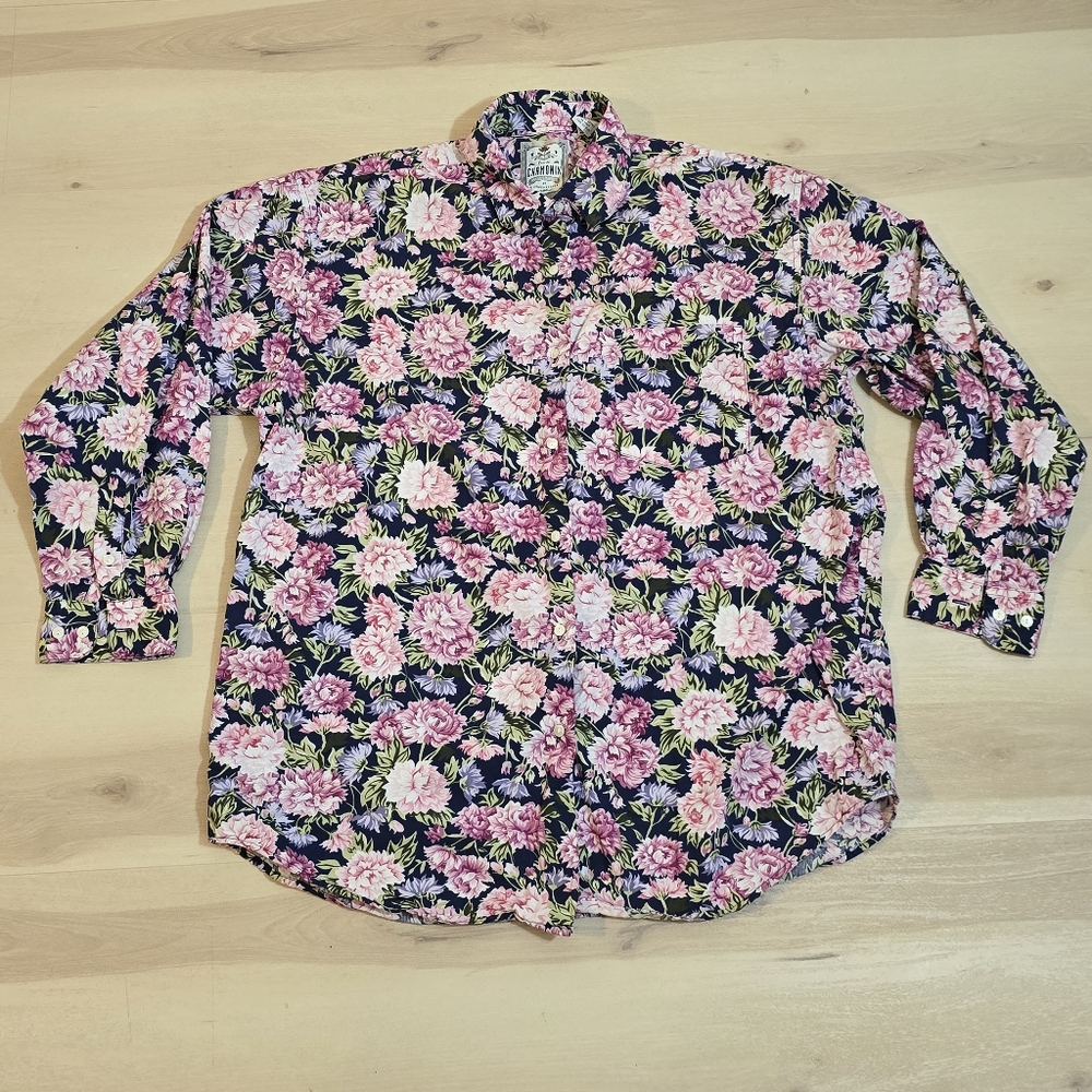 Vtg Pres de Chamonix Women 100% Cotton Button Up Floral Shirt Large Long Sleeve